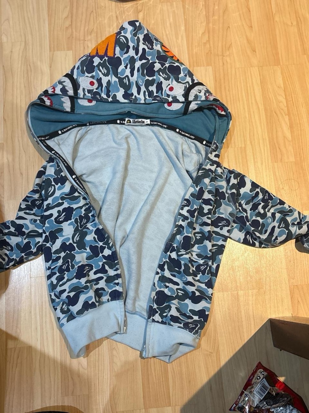 Bape Blue Camo Hooded Jacket with Orange Accents